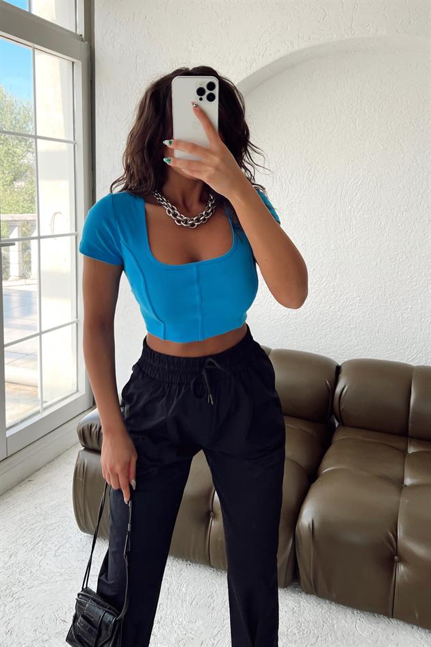 Corsage Stitched Blouse Blue - Image 3