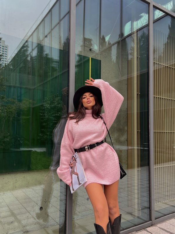 Stand Up Collar Knitwear Tunic Dress Pink