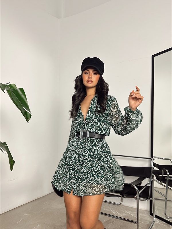 Belted Flower Dress Green