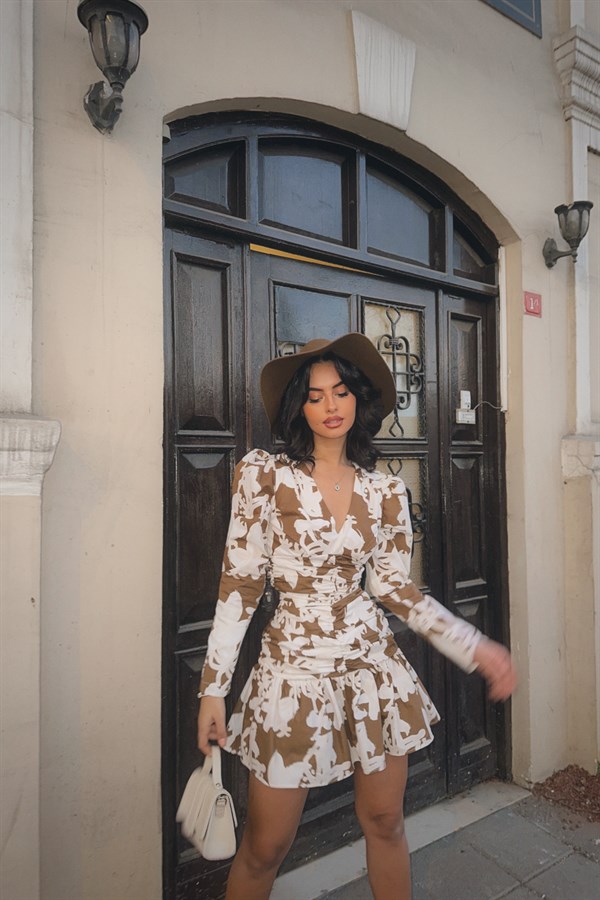 V-Neck Flower Crepe Dress Brown - Image 3