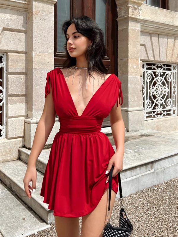 V Neck Nancy Short Dress Red