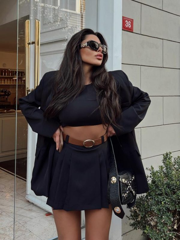Belted Pleat Detail Mini Skirt Black