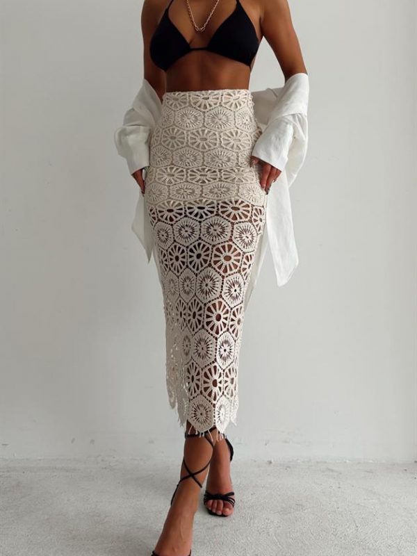 Crochet Slit Long Skirt Beige