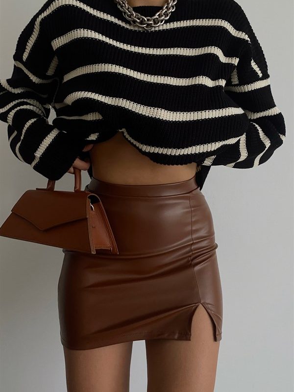 Slit Mini Leather Skirt Tan