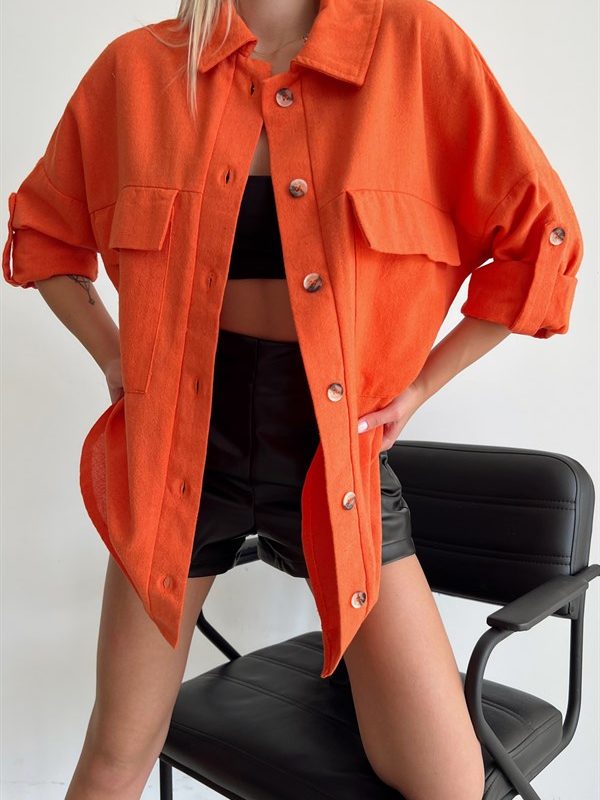 Bone Button Pocket Detail Shirt Orange