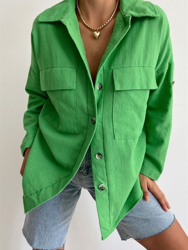 Bone Button Pocket Detailed Shirt Green
