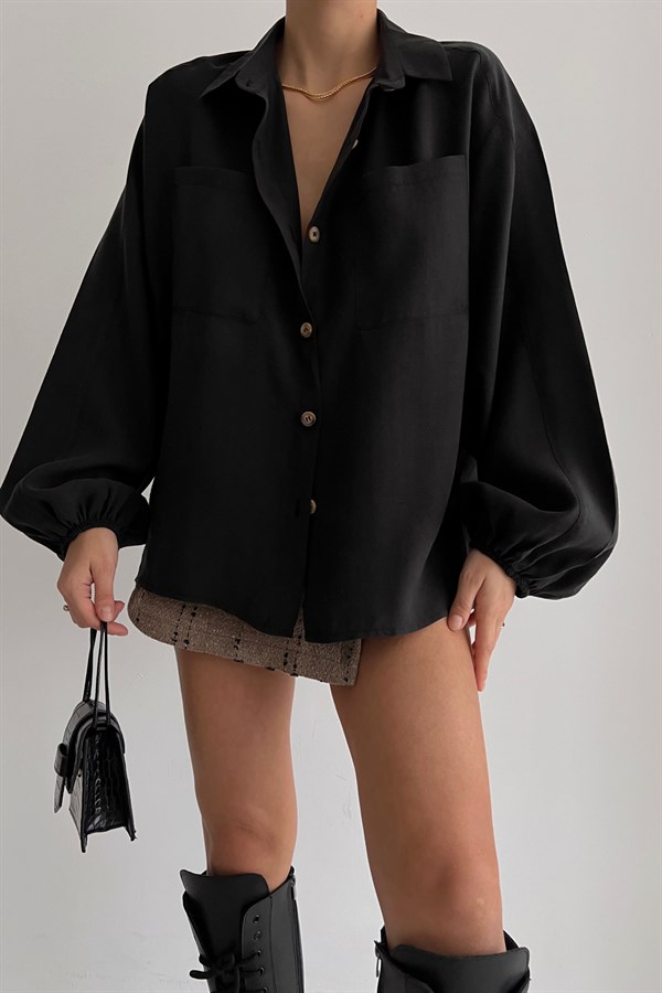 Sleeve Pleated Pocket Detailed Shirt Black - Image 4