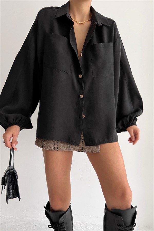 Sleeve Pleated Pocket Detailed Shirt Black - Image 2
