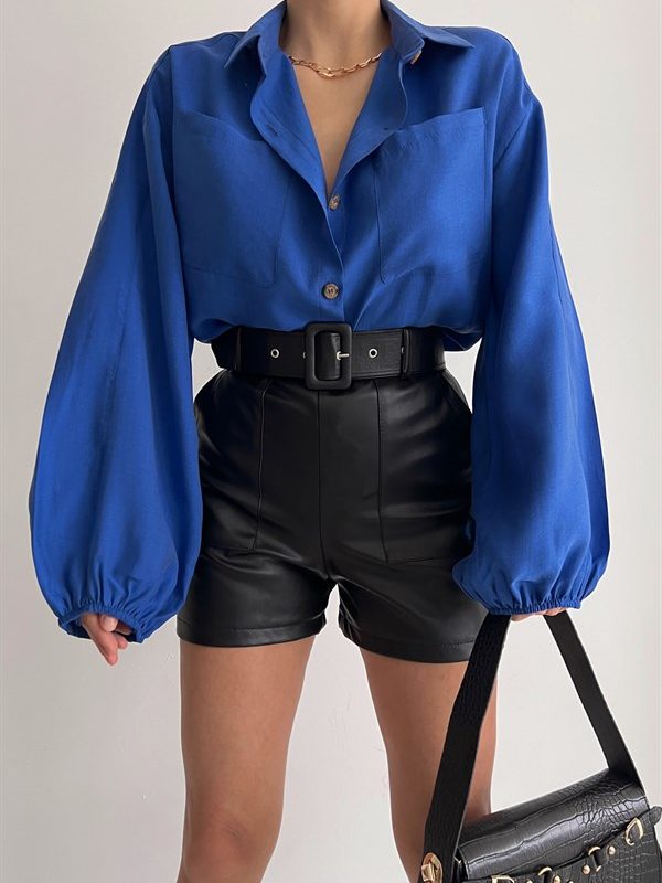 Sleeve Pleated Pocket Detailed Shirt Sax