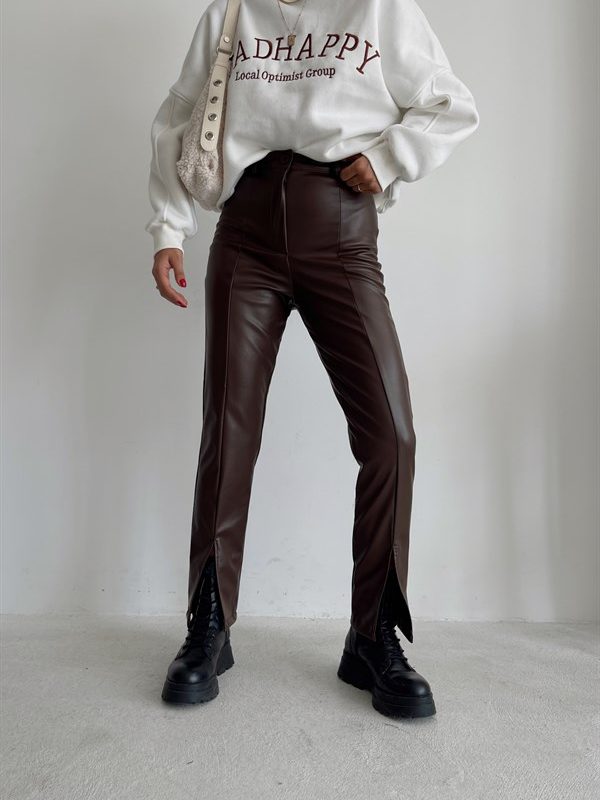 Premium Leather Trousers Brown with Slit Legs