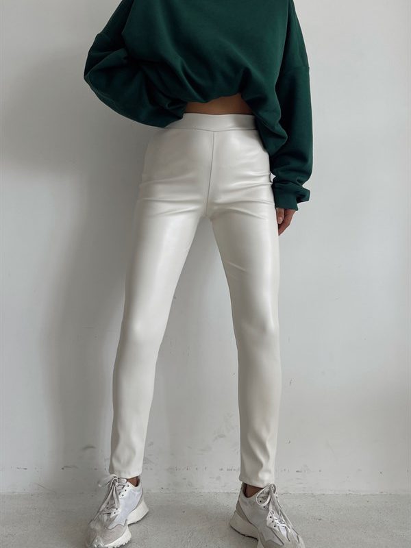 High Waist Skinny Leather Pants Ecru