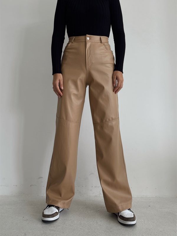 Stitching Detail Leather Trousers Mink