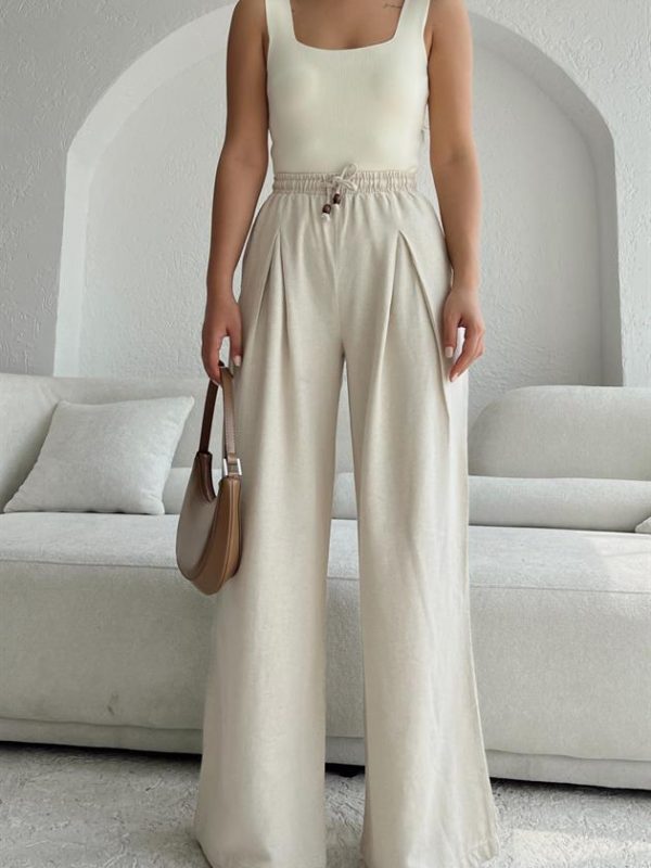 Elastic Waist Palazzo Trousers Stone