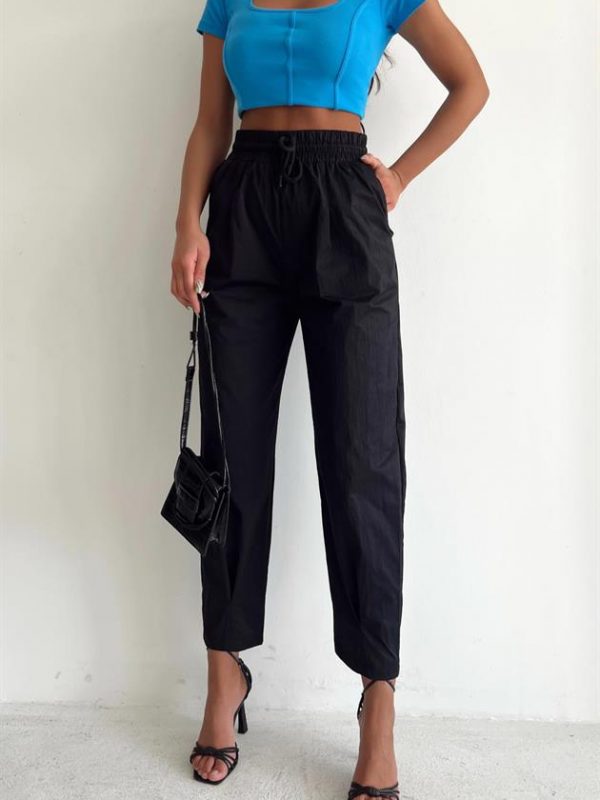 Elastic Waist Parachute Stitched Trousers Black
