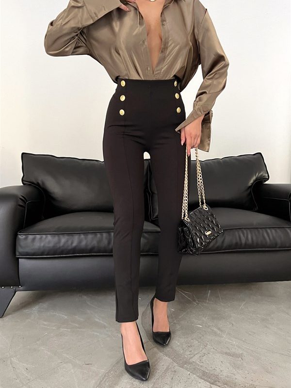 Gold Buttoned Rise Waist Trousers Black