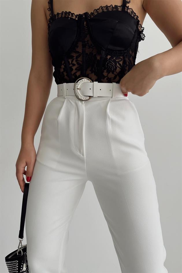 Thick Belted Fabric Trousers White - Image 2