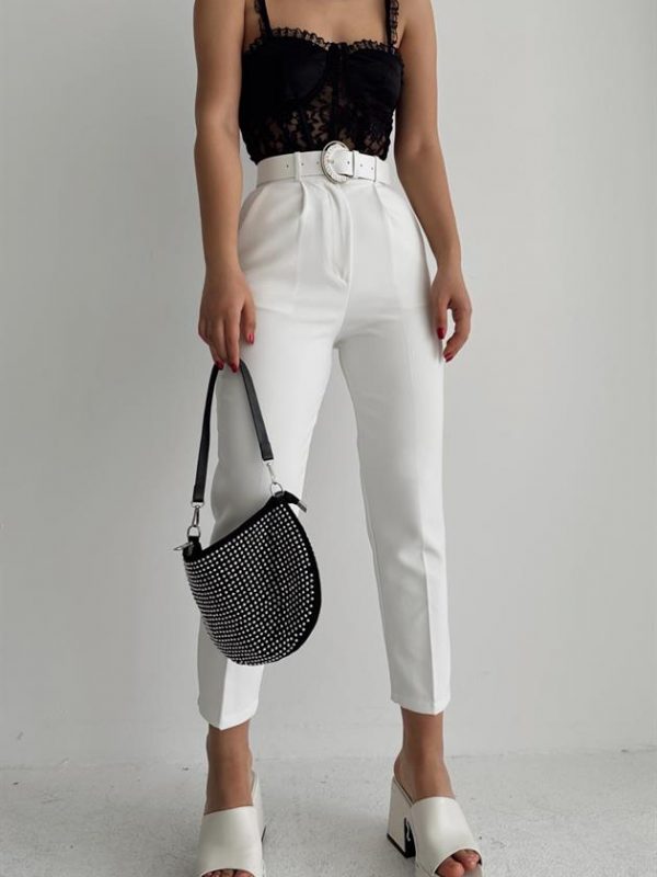 Thick Belted Fabric Trousers White