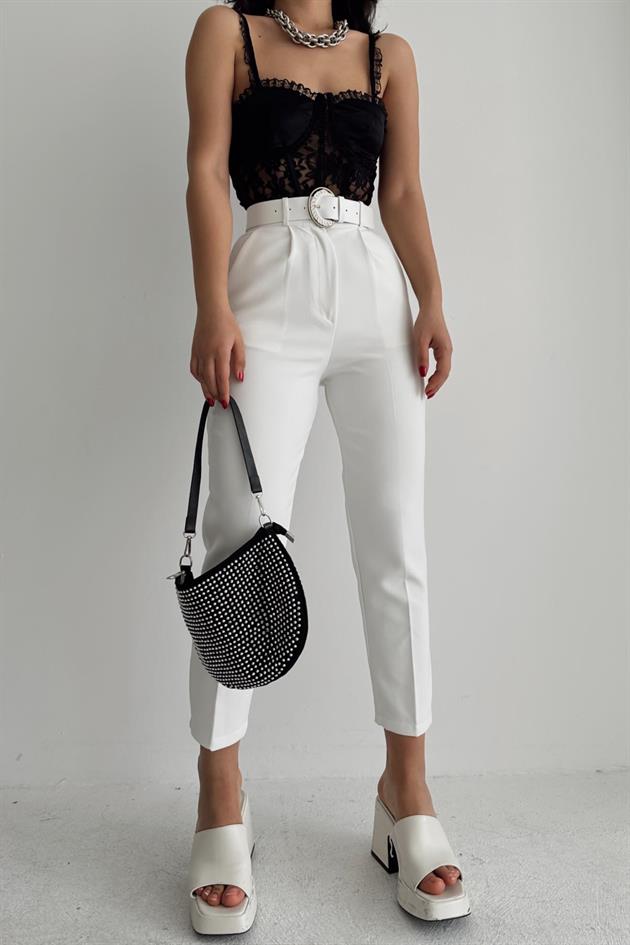 Thick Belted Fabric Trousers White