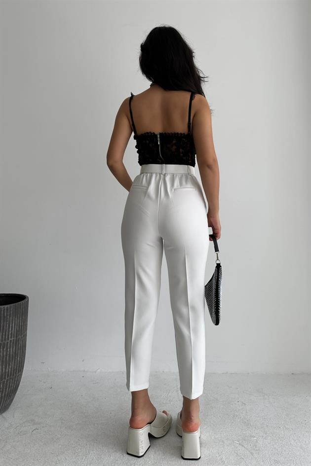 Thick Belted Fabric Trousers White - Image 4