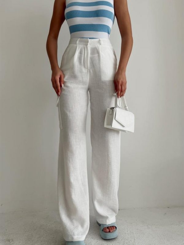 Pleated Palazzo Trousers with Cargo Pockets White