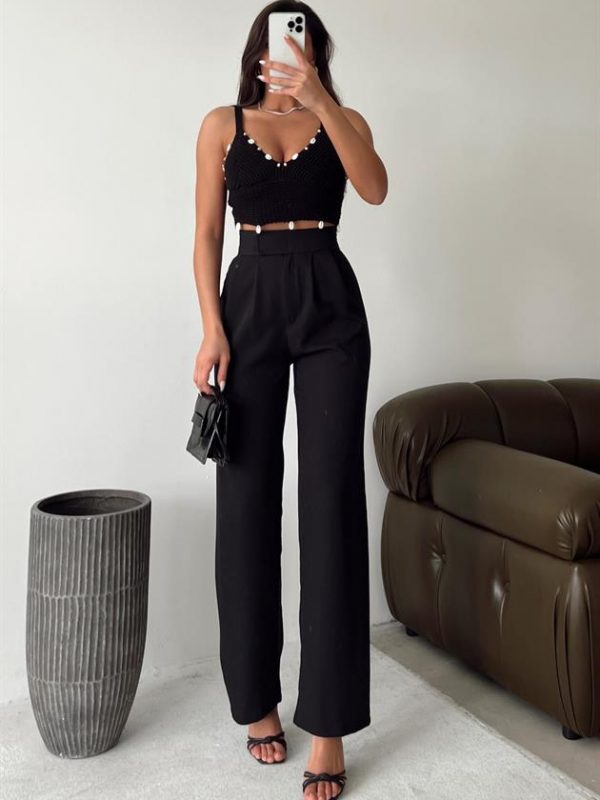 Belt Closure Palazzo Trousers Black