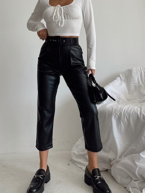 Belted Leather Trousers Black