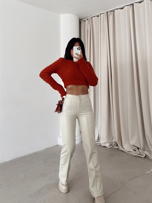 Front Stitch Detail Leather Palazzo Cream