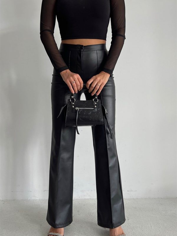 Front Stitch Detail Leather Palazzo Black
