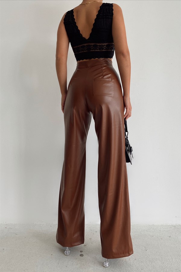 Palazzo Leather Trousers Tan - Image 3