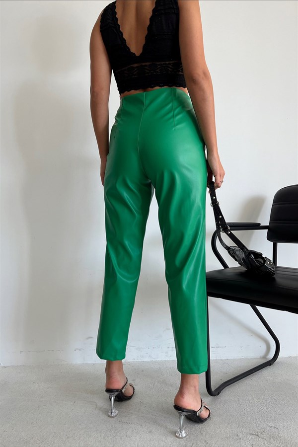Pleated High Waist Leather Pants Green - Image 4