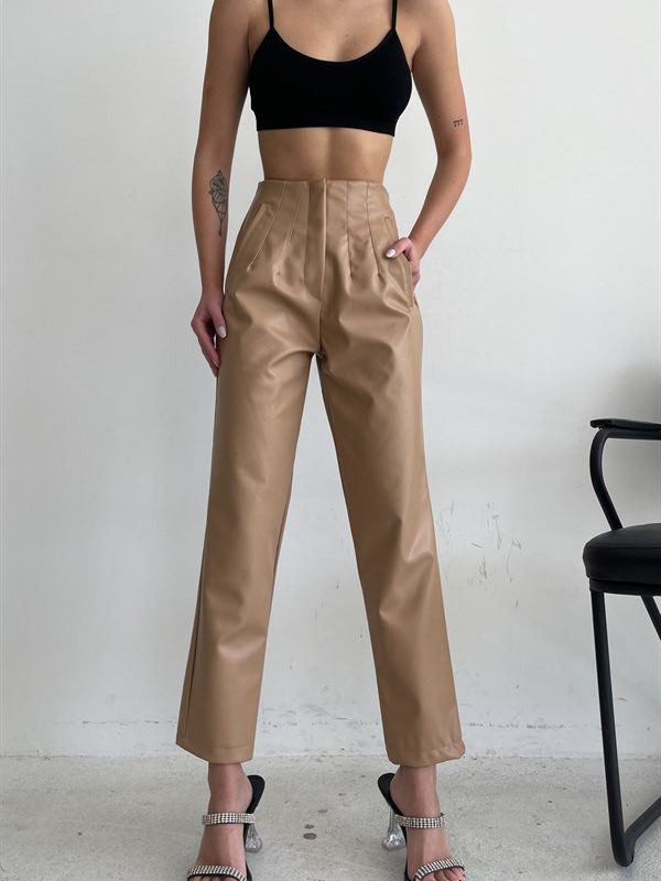 Pliers High Waist Leather Trousers Mink