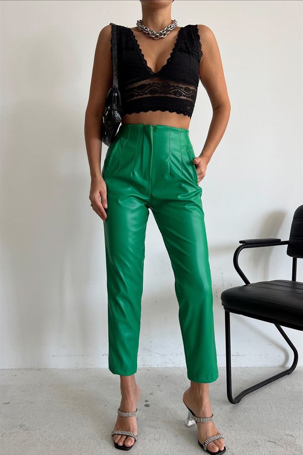 Pleated High Waist Leather Pants Green - Image 2