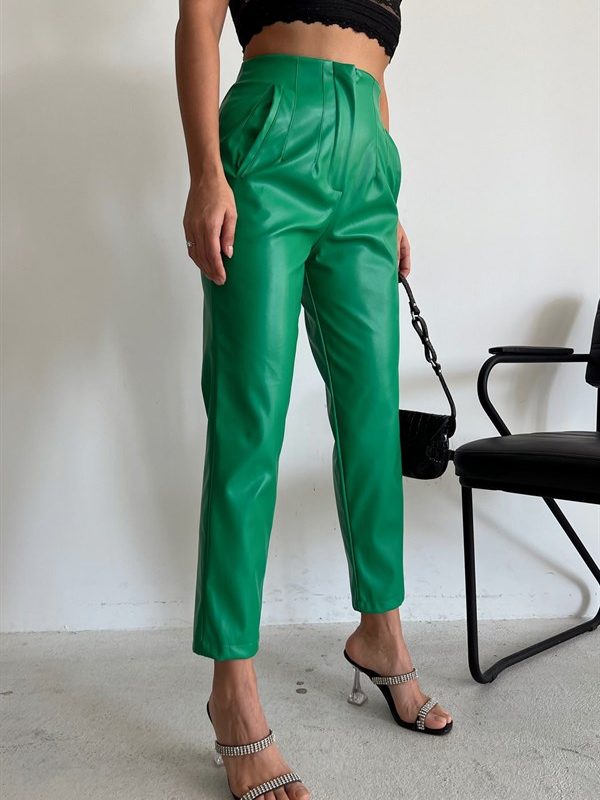 Pleated High Waist Leather Pants Green