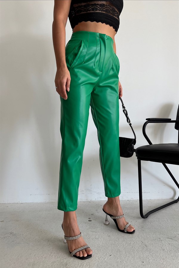 Pleated High Waist Leather Pants Green