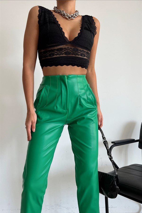 Pleated High Waist Leather Pants Green - Image 3