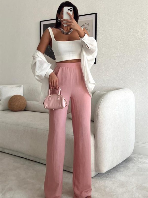 Pleated Slim Palazzo Trousers Powder