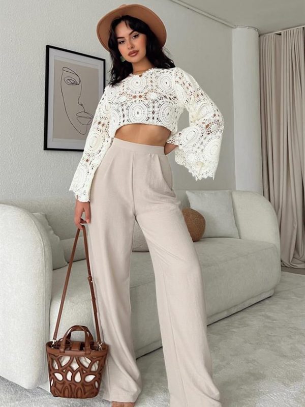 Pleated Slim Palazzo Trousers Stone