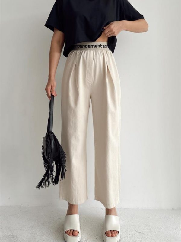 Text Waist Raw Linen Trousers Stone