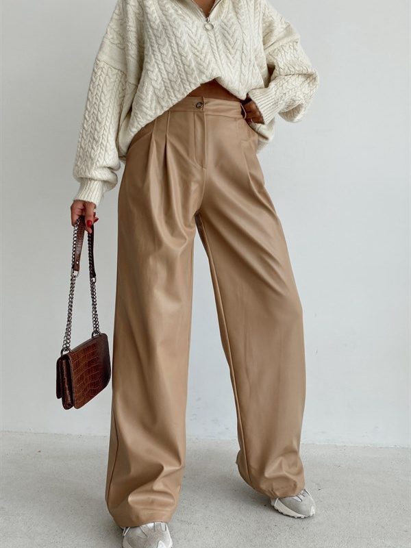 High Waist Leather Pants Beige