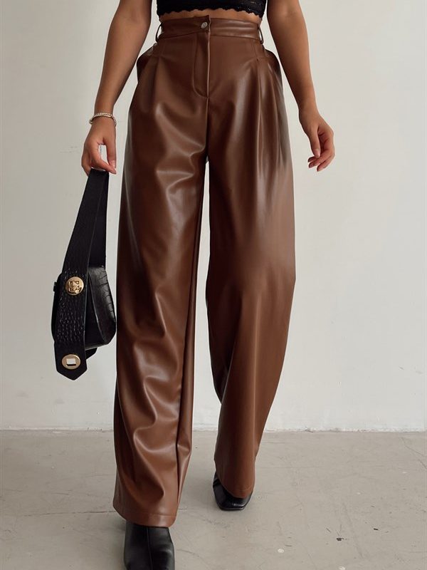 High Waist Leather Pants Brown