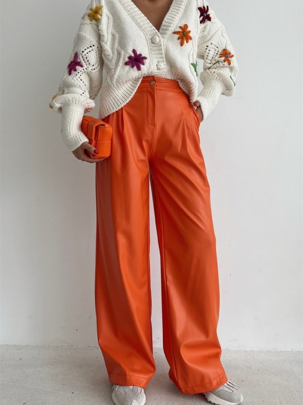 High Waist Leather Pants Orange