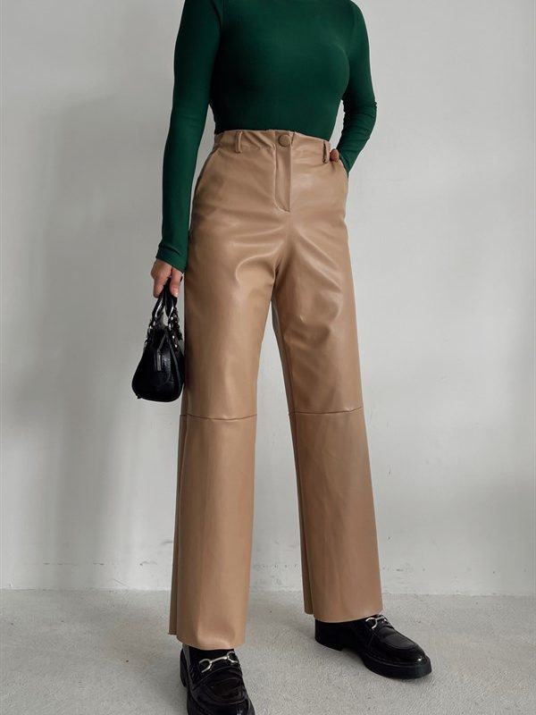 High Waist Cropped Leg Leather Trousers Mink