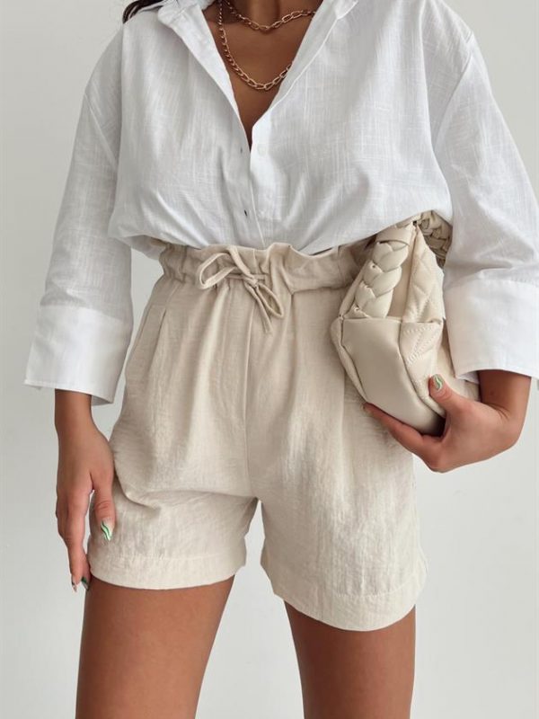 Lace-Up Raw Linen Shorts Stone