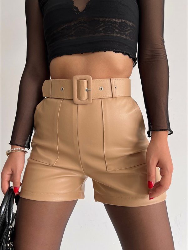Pocket Detail Belt Leather Shorts Beige