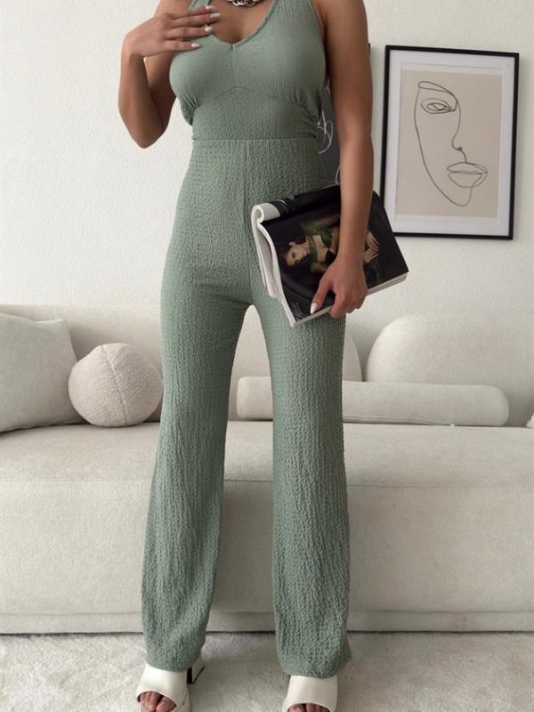 Halterneck Gofre Jumpsuit Cagla Green